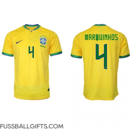 Brasilien Marquinhos #4 Fußballbekleidung Heimtrikot WM 2022 Kurzarm